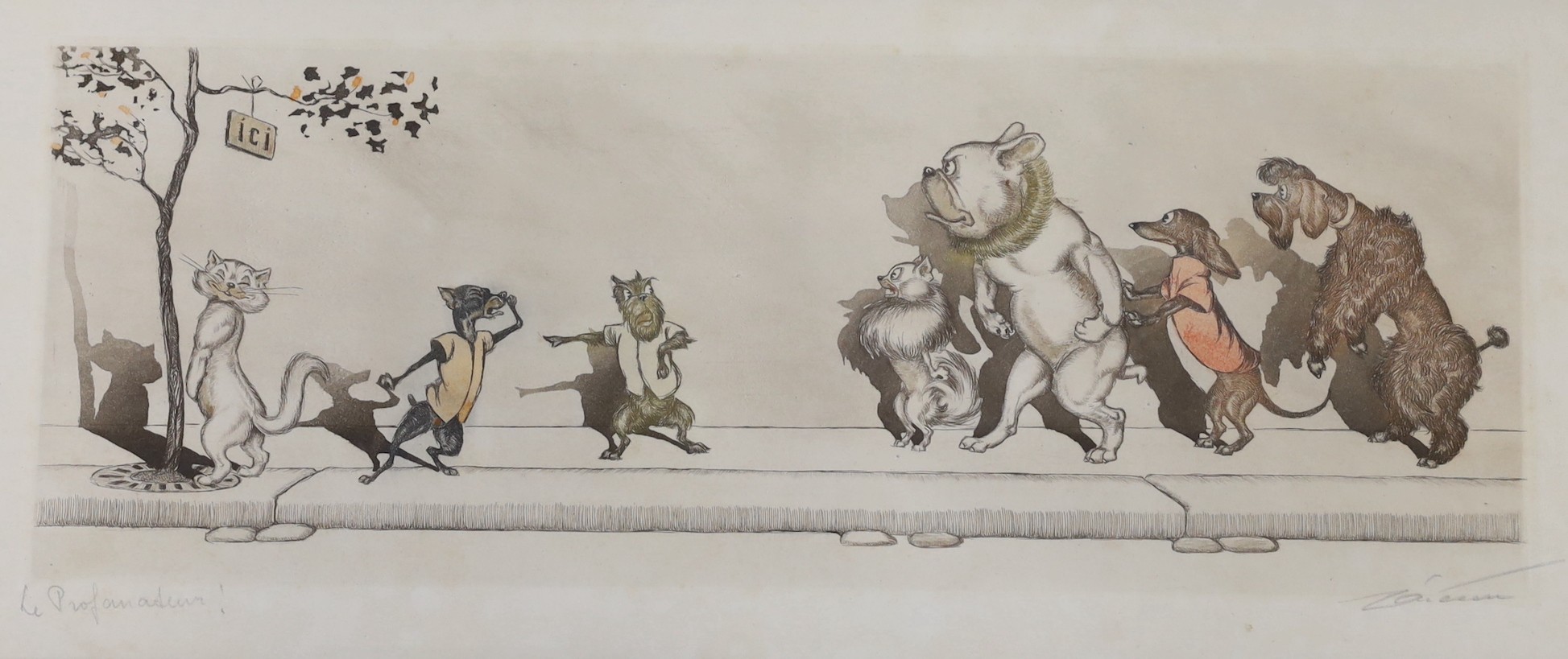 Boris O'Klein, four coloured aquatints from the Dirty Dogs of Paris series, signed in pencil, 17 x 44cm